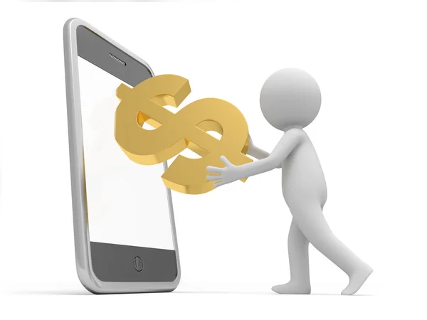 A 3d man putting the money inside the mobile phone — Stock Photo, Image