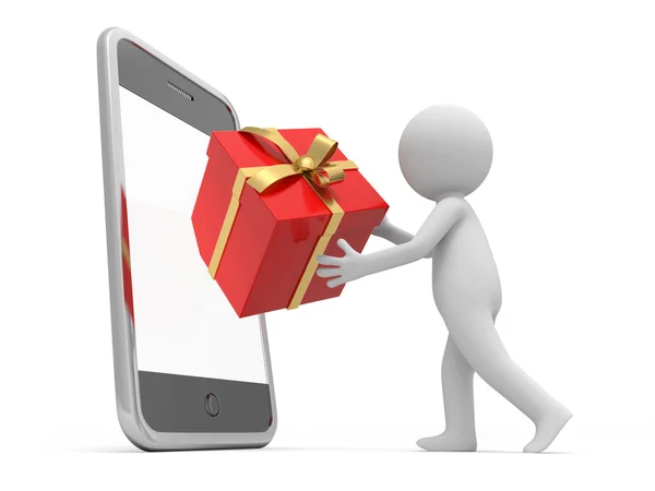 A 3d man putting the gift box inside the mobile phone — Stock Photo, Image