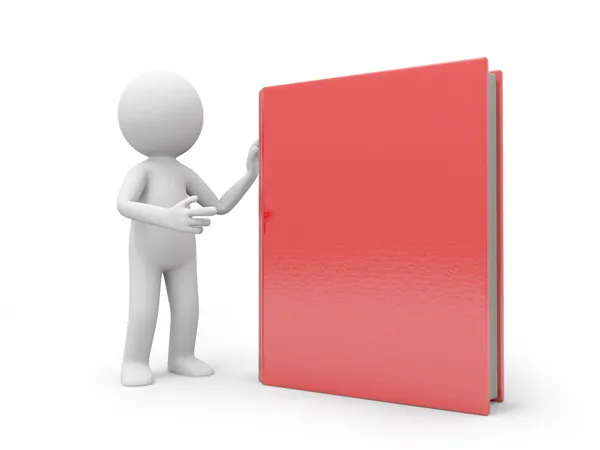 Een 3d man invoering van een rode boek aan de — Stockfoto