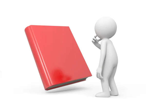 A 3d man thinking face to a red book — Stock Photo, Image