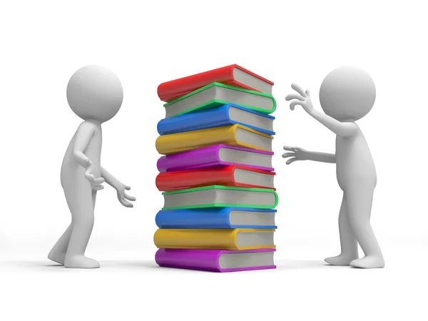 Two 3d persons discussing, a stack of books between them — Stock Photo, Image