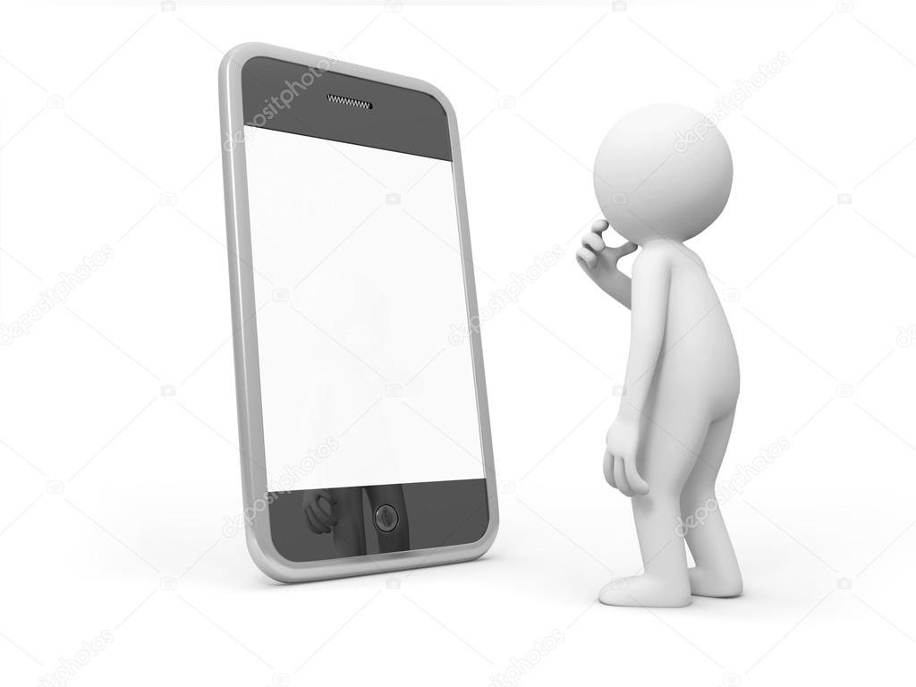 A 3d man thinking in front of a mobile phone