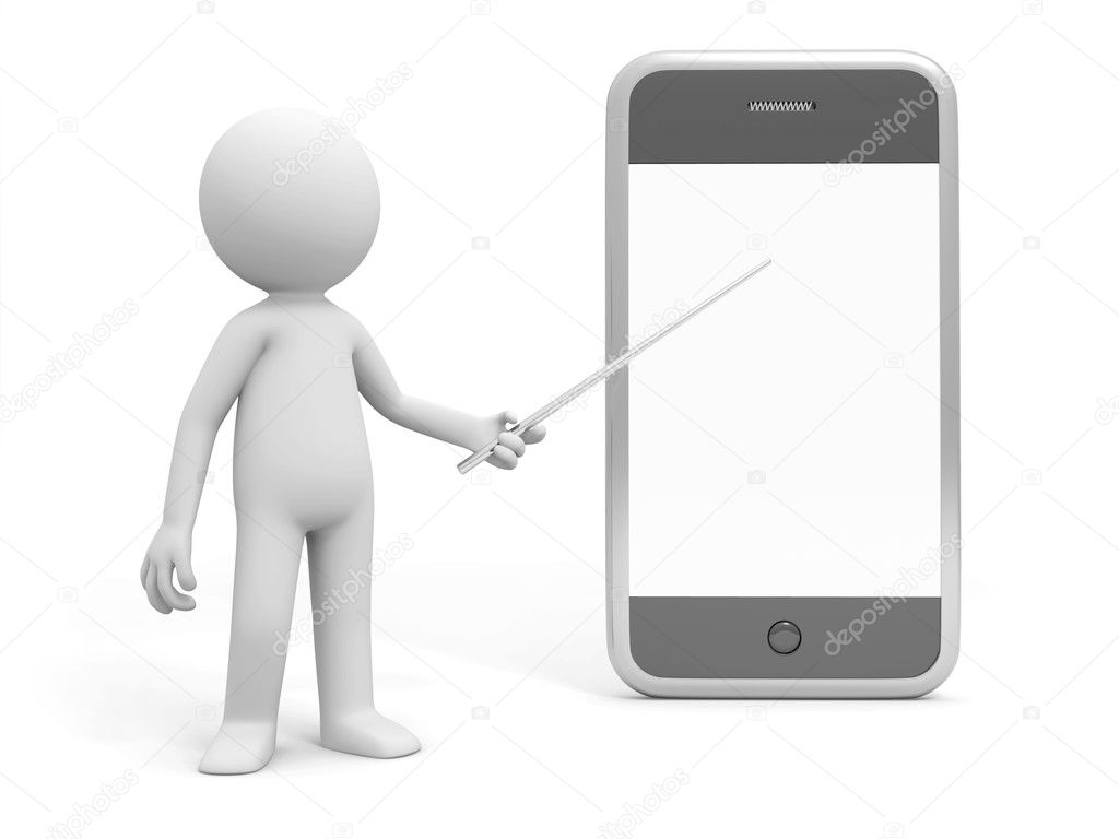 A 3d man pointing with a stick at a mobile phone