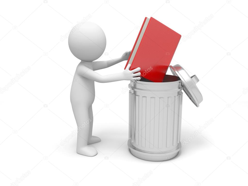A 3d man throwing a book into a trash can