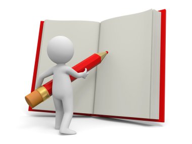 3d bir kişi bir kitap bir kalemle yazma