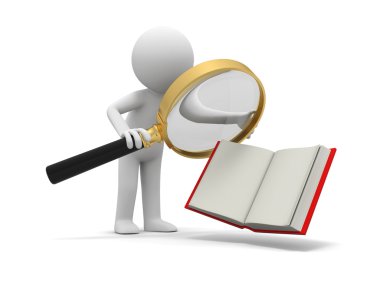 açık bir kitap büyüteçle izlemek bir 3d insan