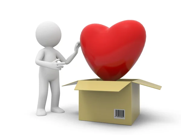 Uma pessoa 3d tomando um coração vermelho de uma caixa — Fotografia de Stock