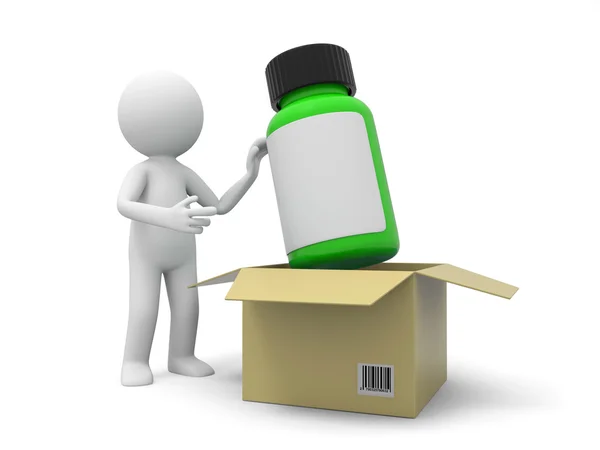 En 3d person tar en flaska från en låda — Stockfoto