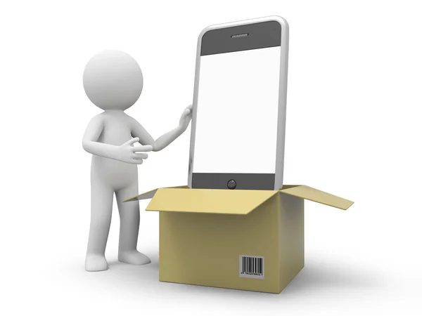 En 3d person med en mobiltelefon från en låda — Stockfoto