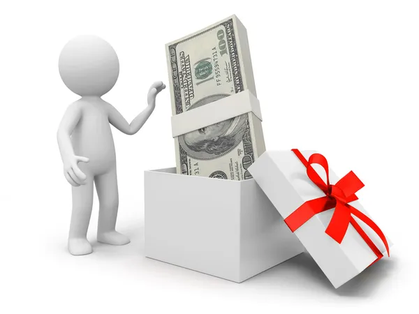 A 3d person taking a pile of money from a gift box — Stock Photo, Image