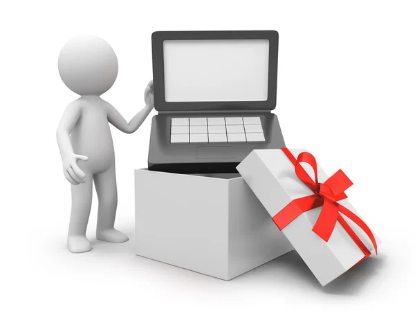 A 3d person taking a computer from a gift box — Stock Photo, Image