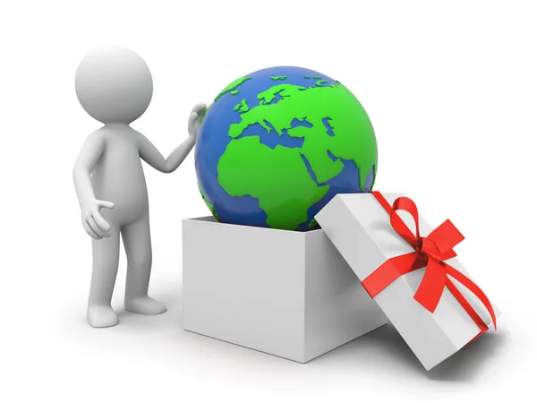 A 3d person taking a global from a gift box — Stock Photo, Image
