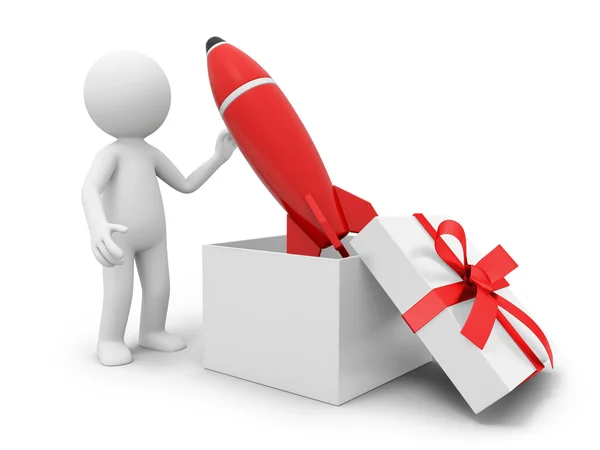 Egy 3D-s személy vesz egy rakéta, egy ajándék doboz — Stock Fotó