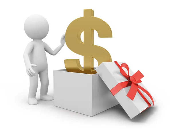 A 3d person taking a dollar symbol from a gift box — Stock Photo, Image