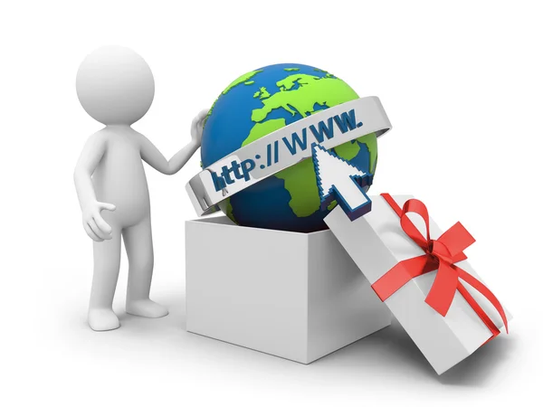 A 3d person taking an internet symbol from a gift box — Stock Photo, Image