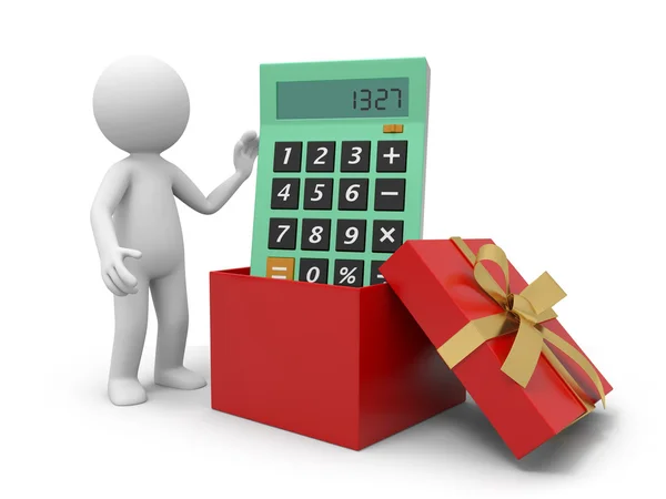 Una persona 3d tomando una calculadora de una caja de regalo — Foto de Stock