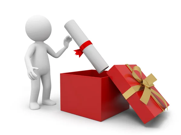 A 3d person taking a contract from a gift box — Stock Photo, Image