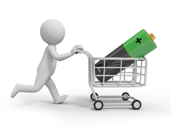 A 3d person a battery in the shopping cart — Stock Photo, Image