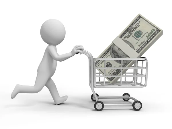 A 3d person a pile of money in the shopping cart — Stock Photo, Image