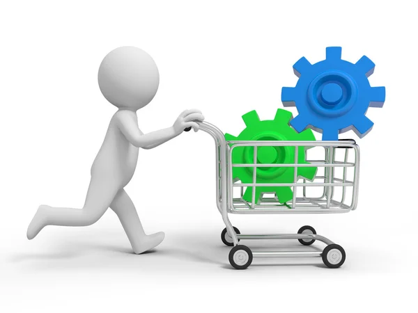 A 3d person two gears in the shopping cart — Stock Photo, Image