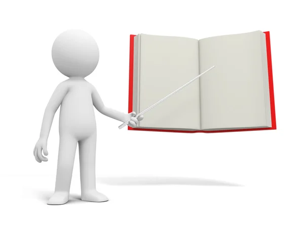 A 3d person pointing at an opened book — Stock Photo, Image