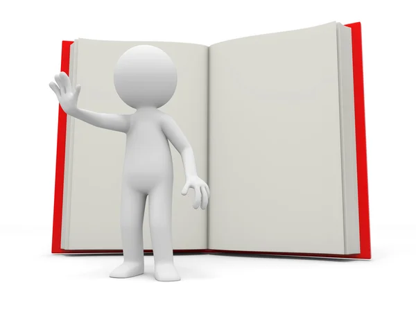 A 3d person stopping the back to an opened book — Stock Photo, Image