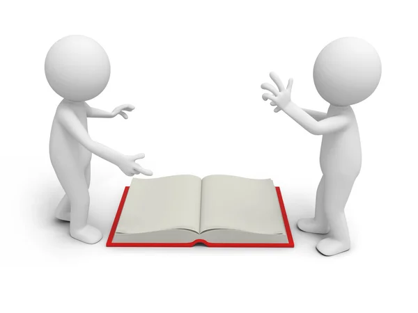 Two 3d persons discussing ,an opened book between them — Stock Photo, Image