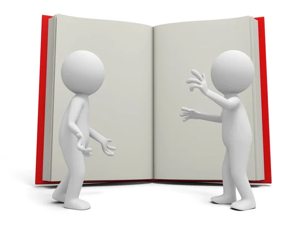 Two 3d persons discussing ,an opened book background — Stock Photo, Image