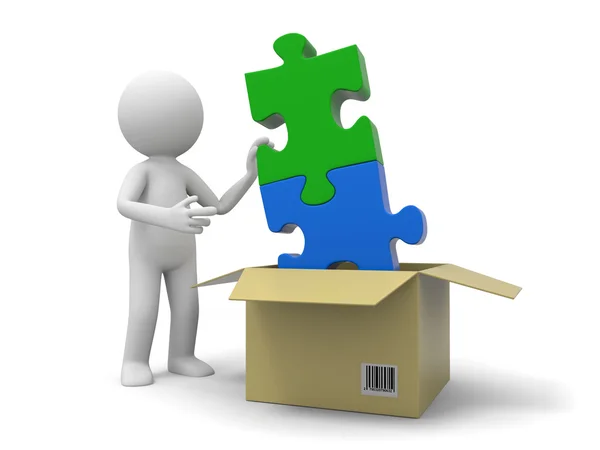 A 3d person taking a puzzle from a box — Stock Photo, Image