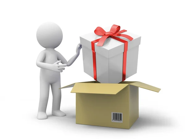 A 3d person taking a gift box from a box — Stock Photo, Image