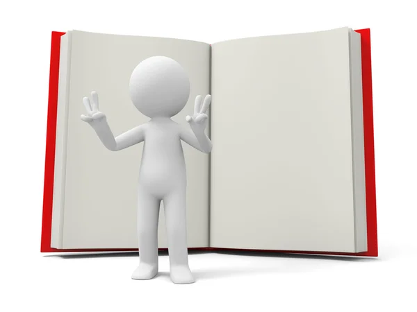 A 3d person making a V gesture back to a book Stock Picture
