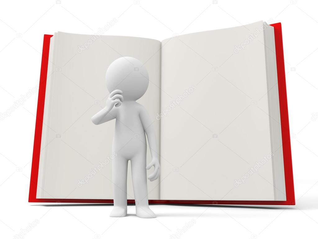 A 3d person thinking back to an opened book
