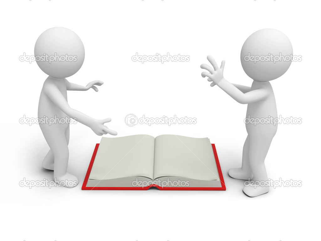 Two 3d persons discussing ,an opened book between them