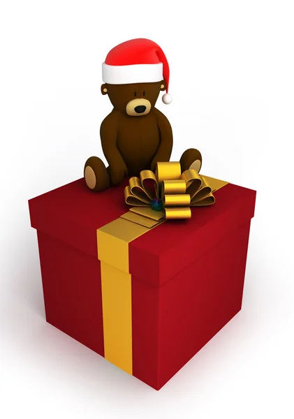 Geschenkbox mit Teddybär mit Weihnachtsmann-Hut — Stockfoto