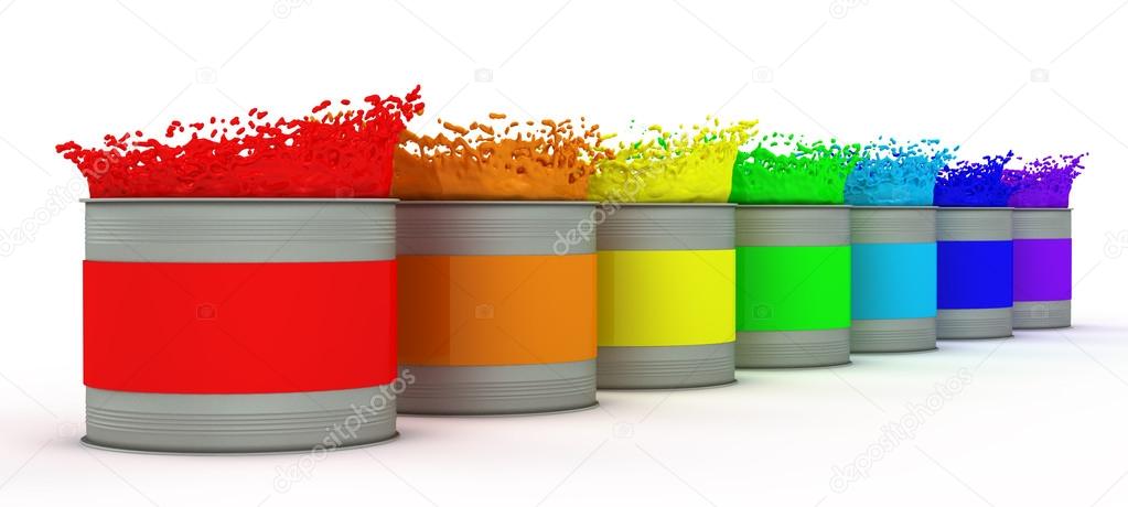 Open paint cans with splashes of rainbow colors.