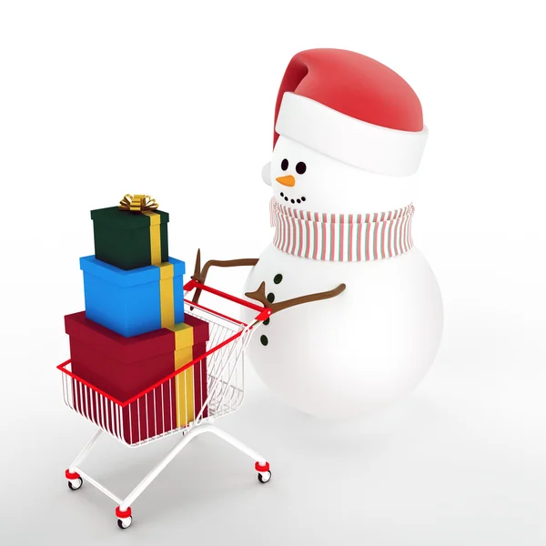 Snowman driven by a shopping cart with a gift box — Stock Photo, Image