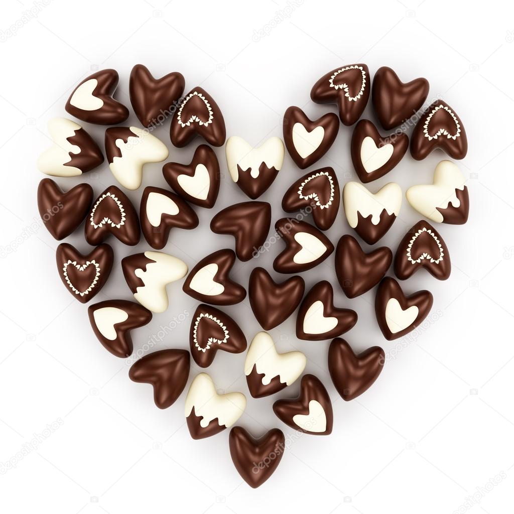 Chocolate candy hearts on a white background