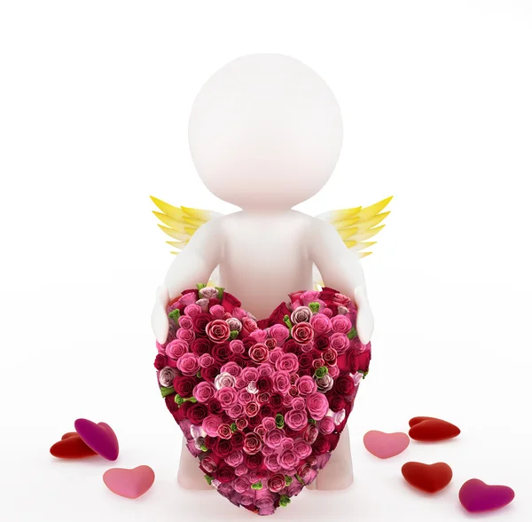 Bir buket gül ile yapılmış büyük bir kalbi olan 3D aşk tanrısı. — Stok fotoğraf