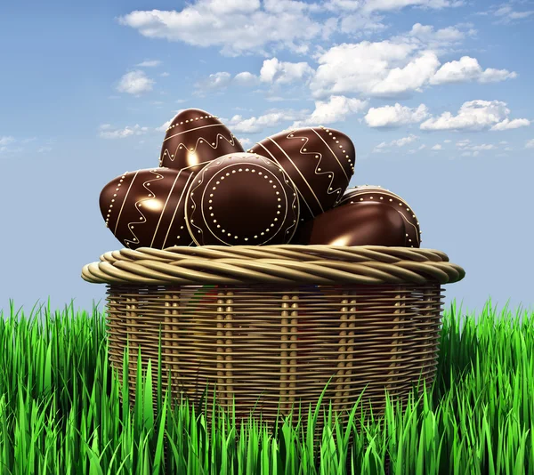 Canasta con huevos de Pascua de chocolate dulce — Stockfoto