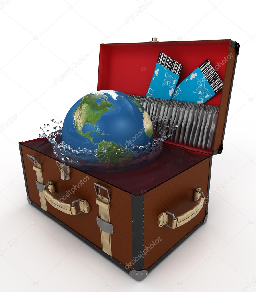 Open suitcase with Earth and plane tickets