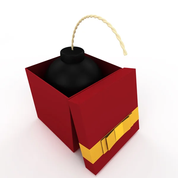 Red gift box with a bomb inside. — Stock Photo, Image