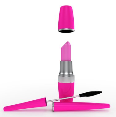 ruj ve pembe bir şişe maskara
