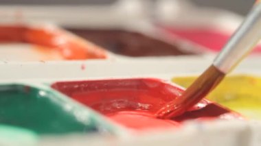 Suluboyaya batırılmış küçük bir sanat fırçası. Makro manzara. Sığ alan derinliği