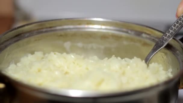 Rice Porridge Cooked Saucepan Stove Closeup Shallow Depth Field — Stock Video