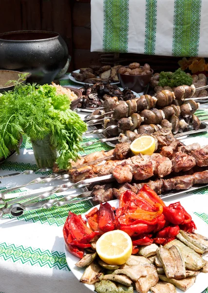 Kebabs con guarnición y aperitivo — Foto de Stock