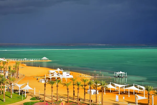 Holy Land of Israel. Green Dead Sea before storm. View over Ein Bokek. High quality photo