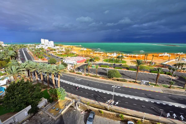 Holy Land of Israel. Green Dead Sea before storm. View over Ein Bokek. High quality photo