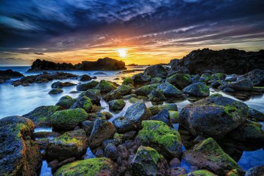 Beautiful sunset on the sea. View from Ponta da Galera. Azores, Sao Miguel. High quality photo