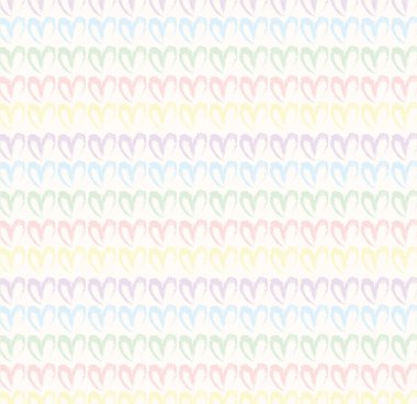 Bej ve nötr arkaplanda renklerde, pastel gökkuşağıyla çizilmiş kusursuz el çizimi basit kalpler.