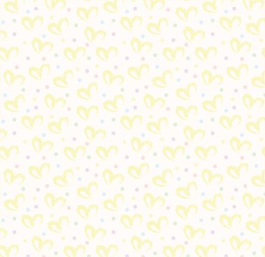 Renkli gökkuşağı renklerinde noktalar olan bej ve nötr arkaplan üzerinde sarı renkte basit kalpler çizilmiş kusursuz el deseni.